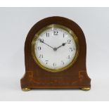 Early 20th century mahogany and inlaid mantle clock, the domed top over an enamel dial with Arabic