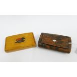 A fruitwood 'Gratis' snuffbox together with a burrwood snuffbox, largest 8.5cm long (2)