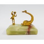 Desk paperweight with onyx base surmounted with a gilt metal figure and dolphin, 8 x 6cm,