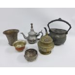 Collection of mixed Eastern metalware's to include a white metal dish, bronze mortar, inlaid