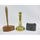 Mixed lot to include a Fiscus Ltd money bank, brass candlestick and gavel (3)