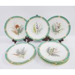 Set of eight Worcester handpainted botanical plates, one with Gardner's, Charing X retailers printed