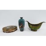 A miniature Chicken pattern cloisonne vase together with a Japanese Satsuma jar and cover (lid