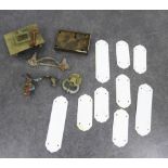 Collection of door fittings to include ceramic finger plates, large brass door lock & key, large