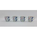 Set of four 18th century Worcester type blue and white coffee cups with polychrome enamelled