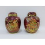 Carlton Ware Pagoda pattern Rouge Royale ginger jar and cover together with another, tallest 19cm (