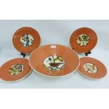 Royal Copenhagen fruit and bird patterned dessert service with terracotta coloured rims,