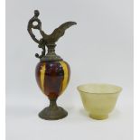 Urn style vase with a streaked brown glazed body and bronzed metal spout together with a pale