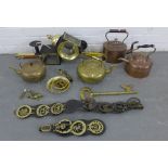 Selection of brass and copper wares to include kettles, lamps, oversized key and two horse