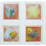 J. Haslam, Four leaves painted on fabric, signed in pencil, contained within a single frame, 28 x