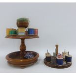 Fruitwood sewing stand with a pin cushion to the top, together with another, tallest 26cm