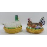 Staffordshire bisque Duck on Nest together with a hen on Nest, largest 21 x 18cm (2)