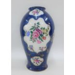 Powder blue glazed high shouldered baluster vase with handpainted floral sprays and gilded