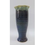 South Lissens Pottery vase with crimped rim and ribbed body, 25cm high