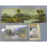 Mixed to include an unframed JK Maxton watercolour, two oil landscapes and a Indian School