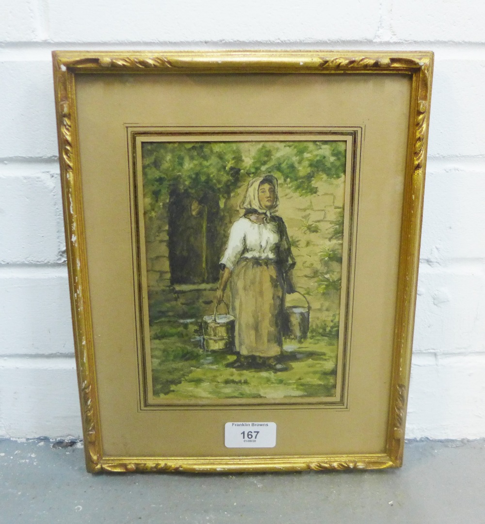 Henri Arden (1858-1917) 'Femme au Puits' Watercolour, signed in a glazed gilt wood frame, 19 x 14cm - Image 2 of 3