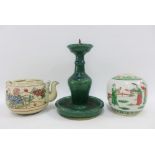 Collection of Chinese and Japanese pottery to include a teapot, green glazed candlestick and a