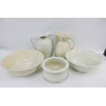 Various white glazed Staffordshire toilet sets to include chamber pot, basin and jugs, etc (5)