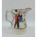 Staffordshire jug with moulded figure and lustre rim, 15cm high