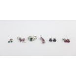 A collection of silver and gemset jewellery to include a dress ring, two pendants and earrings (a