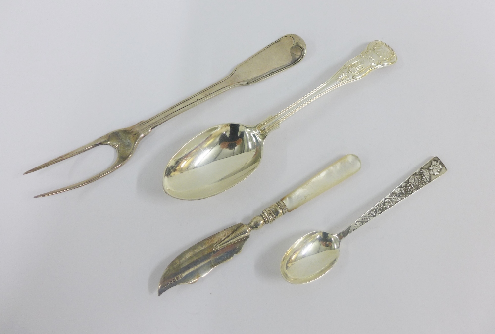 Mixed lot to include an London silver spoon, silver two prong fork, Birmingham silver and mother