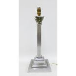 Silver plated Corinthian column table lamp base, height excluding fitting 37cm