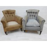 Pair of buttonback upholstered armchairs, on mahogany legs with brass caps and castors, 88 x 78cm (