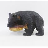 Black Forest style carved wooden Bear with a Fish, 20cm long