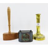 Mixed lot to include a Fiscus Ltd money bank, brass candlestick and gavel (3)