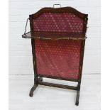 19th century walnut fire screen, with serpentine top rail and brass carry handle to top, fabric