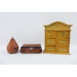 Wooden items to include a Pear shaped caddy box, miniature pine dresser and a jewellery box with