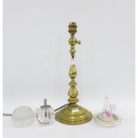 Mixed lot to include a brass knop stemmed table lamp base, glass inkwell and match striker etc (a