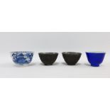 Collection of Chinese and other teabowls to include a blue and white Willow pattern bowl and two