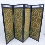 Ebonised four fold dressing screen with floral upholstered panels, 188 x 248cm