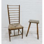 Arts & Crafts ladderback chair with rush seat, together with a pine three leg stool, tallest 103 x