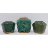 Collection of three Chinese green glazed stoneware jars of hexagonal form, tallest 12cm (3)