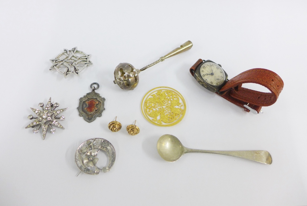 Mixed lot to include silver fob medallion, silver cased wristwatch, silver condiment spoon, pair