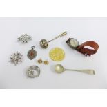 Mixed lot to include silver fob medallion, silver cased wristwatch, silver condiment spoon, pair