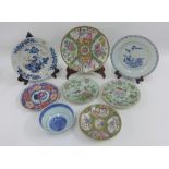 Mixed lot of Chinese porcelain plates to include celadon insect pattern, rose medallion plates,