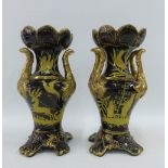 A pair of 19th century Staffordshire brown glazed vases painted with chinoiserie figures and other