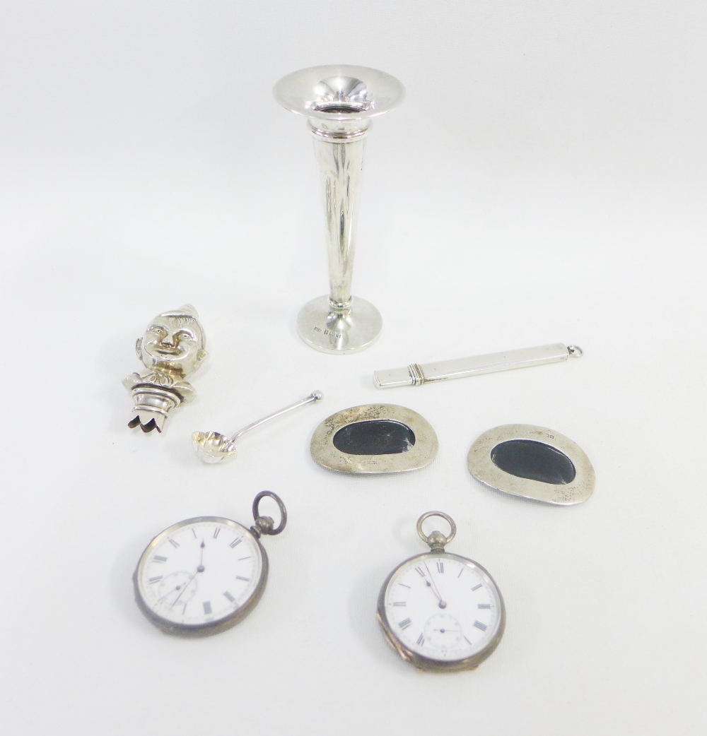 A collection of silver items to include a buckle, fob watches and a bud vase, etc (a lot)