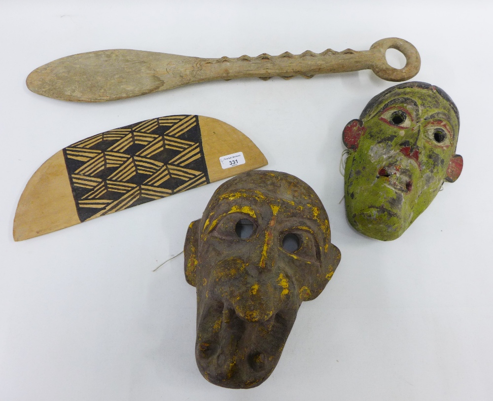 Two wooden painted face wall masks, etc (4)