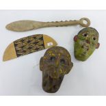 Two wooden painted face wall masks, etc (4)