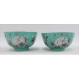 Pair of Chinese green glazed bowls, painted with bird and blossom pattern, 12cm diameter (2)