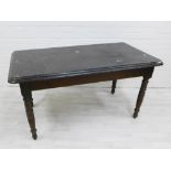 19th century black painted kitchen table, the rectangular top with moulded edge, raised on ring