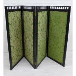 Ebonised four fold dressing screen with green floral upholstered panels, 55 x 153cm