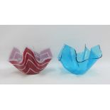 Two retro glass handkerchief vases, one blue the other red and white, 17cm high (2)