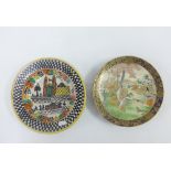 Satsuma plate and a Spanish pottery plate with black and white rim (a/f) (2)