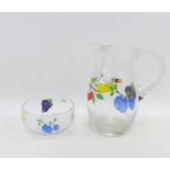 Glass water jug and bowl painted with flowers (2)