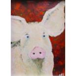 Contemporary Scottish School, "Pig" oil on board, signed with initials MI, in glazed frame, 19 x